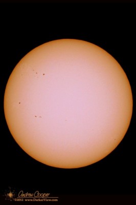 The Sun on June 2, 2012, photo taken with a Canon 60D, AT6RC telescope and a Baader solar film filter. Photo by Andrew Cooper.